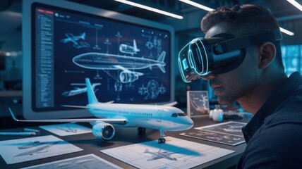 Poster - A person using VR technology to design or analyze aircraft models in a modern workspace.