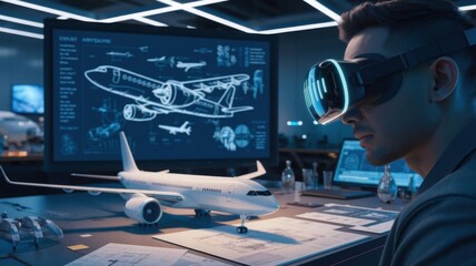 Poster - A person using virtual reality to design or analyze an aircraft model in a modern workspace.