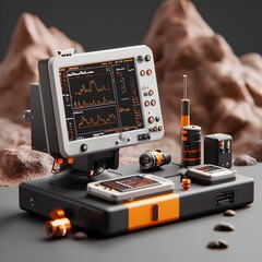 Poster - Scientific electronic measurement and analysis equipment including an oscilloscope device with display screen on a desk in a dark studio or workspace setting