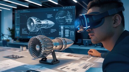 Poster - A person using VR to analyze a jet engine model in a modern office setting.