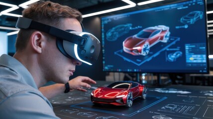 Poster - A person using virtual reality to design a car model in a tech-focused workspace.