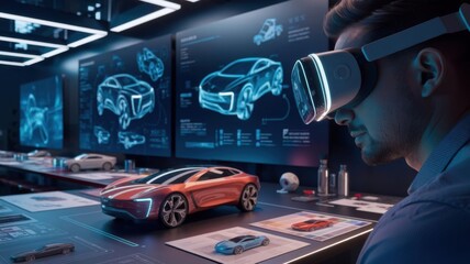 Poster - A person using VR technology to design and visualize futuristic car models.