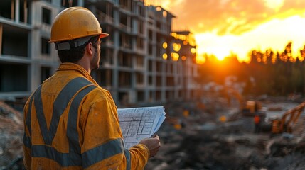 Poster - Engineers inspect construction progress at sunset with blueprints in hand