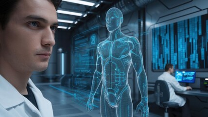 Poster - A scientist observes a holographic human anatomy model in a futuristic lab setting.