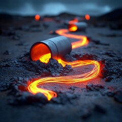 Poster - Vibrant pulsing fiber optic filaments create a mesmerizing display of light and shadow with swirling streams of bioluminescent energy flowing across a dark dystopian expanse  This surreal