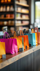 Wall Mural - A vibrant row of colorful shopping bags displayed on a wooden counter in a retail environment, showcasing a variety of hues and styles.