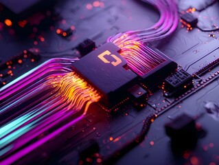 Poster - Captivating close up of a luminous shimmering web of iridescent fiber optic cables snaking across a shadowy futuristic digital landscape with dramatic chiaroscuro lighting and crisp clarity