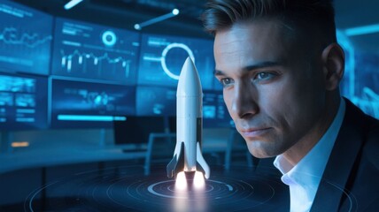 Aufkleber - a man observes a digital rocket model in a high-tech control room.