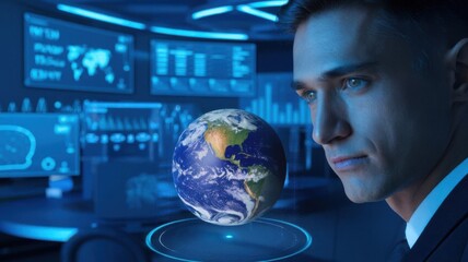 Poster - A man in a futuristic control room observes a holographic Earth globe.