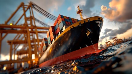Poster - Towering container ships docked in a sprawling seaport cranes swinging cargo amid the constant chatter of activity  This cinematic