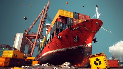 Poster - Towering cranes and gantries dominate the massive cargo terminal where intermodal containers are stacked high showcasing the scale and efficiency of global maritime trade and logistics