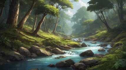 beautiful stream painting in tropical fores