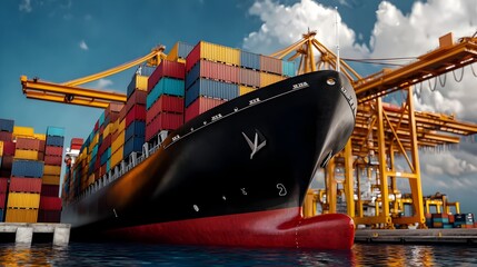 Poster - Massive cargo ship and towering cranes at a bustling coastal shipping terminal with stacks of intermodal containers highlighting the global maritime trade and logistics