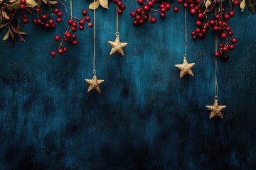 Wall Mural - Christmas blue background with garland, red berries, and gold stars on a dark blue velvet-textured