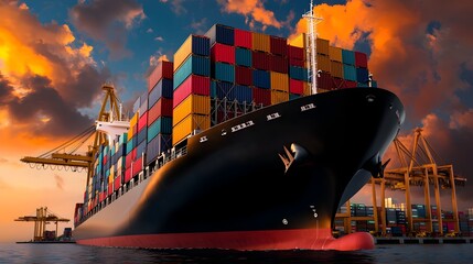 Poster - Massive cargo ship dwarfed by towering gantry cranes and intermodal container stacks at a prosperous and bustling coastal shipping terminal