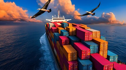 Poster - A large cargo ship carrying a stack of brightly colored shipping containers sails across the vast expanse of the open ocean