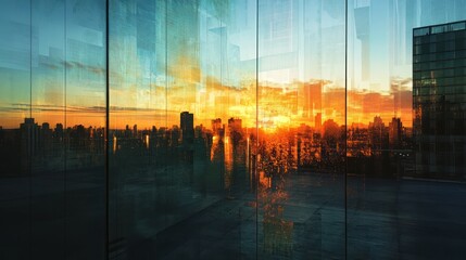 Canvas Print - Vibrant sunset reflected in a modern cityscape's glass facade, viewed from an empty rooftop terrace.