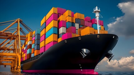 Poster - Vast cargo shipping containers terminal with towering cranes and gantries at a vibrant and coastal maritime trade hub