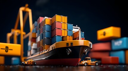 Poster - Vast cargo ship with intermodal container stacks towering cranes and gantries at a bustling global maritime trade hub