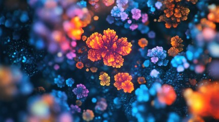 Poster - Vibrant Abstract Floral Patterns in Vivid Colors on a Dark Background Creating a Mesmerizing and Dreamlike Atmosphere for Creative Artworks and Designs