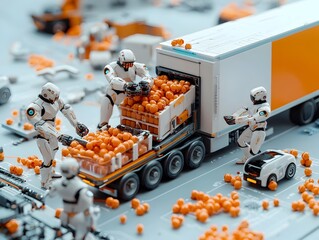 Poster - Robotic Precision in Cargo Transportation A team of advanced robotic handlers carefully and efficiently loading cargo into a self driving semi truck showcasing the high tech minimalist