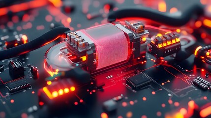 Poster - A 3D rendered of flexible bendable graphene based circuits with translucent futuristic electronic components showcasing a modern minimalist design concept for innovative technology