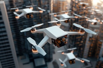 Poster - A fleet of autonomous delivery drones soaring over a cityscape with sleek