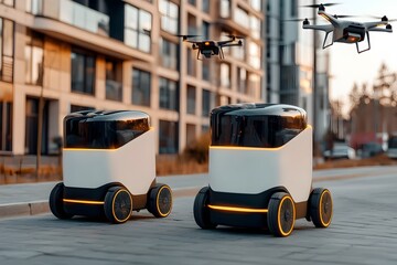 Poster - Autonomous delivery robots and aerial drone fleets navigating the smart city logistics infrastructure transporting packages in a sustainable and efficient transportation system