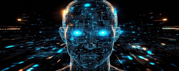 Poster - Futuristic digital face with glowing circuit board design