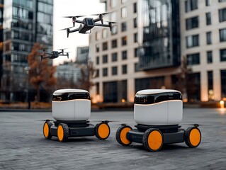 Poster - autonomous delivery robots and aerial drone fleets navigating busy city streets transporting package