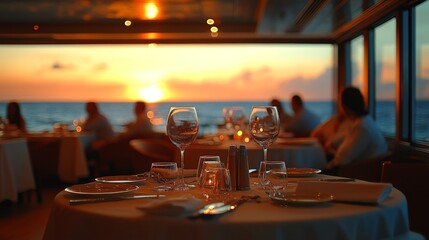 Poster - Diners savor an intimate meal at a seaside restaurant, with elegant table settings and warm candlelight, as the sun gracefully sets over the horizon.