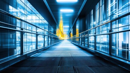 Poster - Futuristic Perspective of a Long Walkway with Modern Architecture and Bright Lights Illuminating a High-Tech Environment
