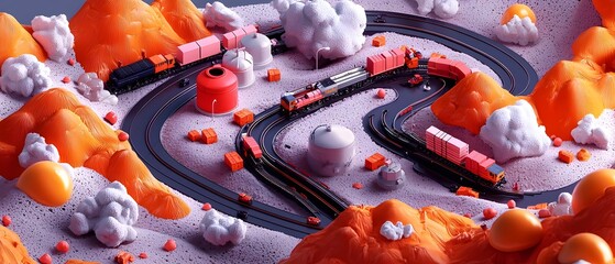 Poster - Sprawling Retro Futuristic Distribution Center Featuring an Intricate Network of Roads Railways and Conveyor Belts Transporting Goods Across the Landscape