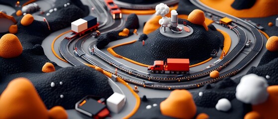 Poster - Aerial showcasing a sprawling distribution center with an intricate network of roads railways and conveyor belts transporting goods across the stylized retro futuristic landscape