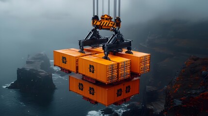Poster - Dockyard Crane Hoisting Shipping Containers in a Moody Coastal Environment with Intricate Mechanical Workings and Towering Steel Girders  Cinematic Composition Muted Color Palette