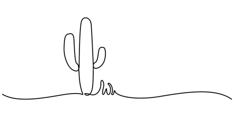Poster - Cactus on the top continuous one line drawing Black and White Sketch House Plants Isolated on White Background, Vector continuous one simple single abstract silk line drawing of cactus isolated on. 