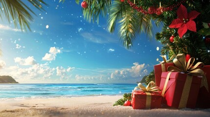 Wall Mural - a vibrant tropical christmas scene featuring a decorated tree, colorful gifts, and a serene ocean ba