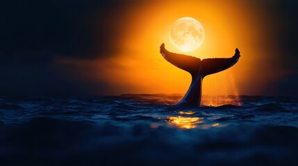 Wall Mural - a breathtaking sunset scene featuring a whale's tail rising above ocean waters, illuminated by a ful