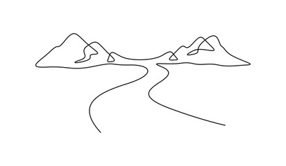 Wall Mural - Mountain landscape hand drawn continuous line drawing vector illustration