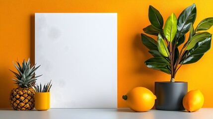 Poster - Sleek and minimalist home workspace featuring a crisp white wall as a blank canvas complemented by a lush verdant houseplant creating a calm and productive work environment