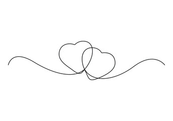 Poster - continuous one drawing of two hearts and love signs. thin stroke and romantic symbols in simple line