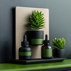 Poster - Elegant and Functional Office Workstation Featuring a Neutral Toned Wall Perfect for Product Display Accentuated by the Presence of a Flourishing Green Plant in a Bright Airy and Sophisticated Setting