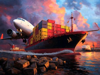 Poster - Vibrant Digital Painting Depicting a Complex Global Freight Delivery Network with Cargo Ships Airplanes and International Trade Infrastructure