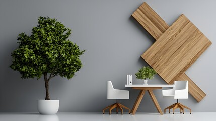 Poster - Refined minimalist white office workspace with sleek wooden furniture potted plant and high key natural lighting showcasing a clean contemporary design aesthetic for a professional calm