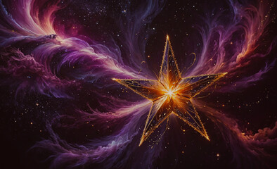 Poster - a star is surrounded by purple and orange clouds. the star is lit up and he is shining brightly
