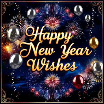 Happy New Year text with fireworks. 