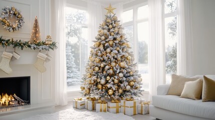 Wall Mural - Elegant gold and white Christmas tree in a bright living room with fireplace and presents.