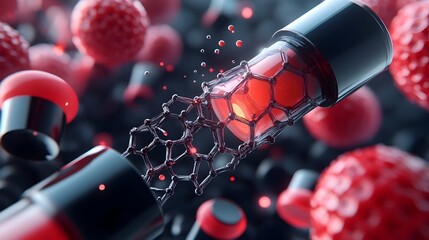 Poster - Futuristic 3D rendered of carbon nanotubes emerging from a graphene surface showcasing the intricate structures and patterns of advanced materials science
