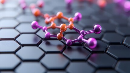 Poster - Vibrant 3D rendered of the detailed molecular structure of graphene showcasing the intricate hexagonal carbon lattice with highlighted atomic bonds  This contemporary