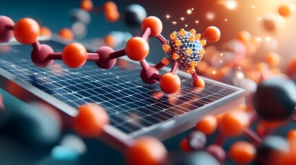 Poster - A 3D rendered of graphene based solar panels showcasing a clean sustainable and futuristic approach to renewable energy production with a minimalist geometric flat design